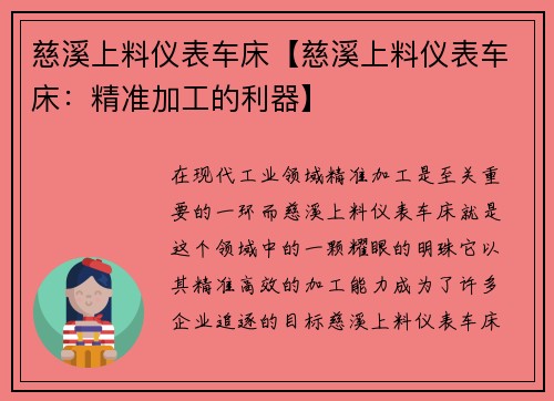 慈溪上料仪表车床【慈溪上料仪表车床：精准加工的利器】